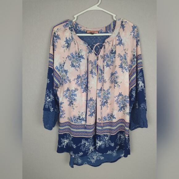 OLIVE HILL Boho Peasant Floral Top Pink Blue Med. - Picture 2 of 15